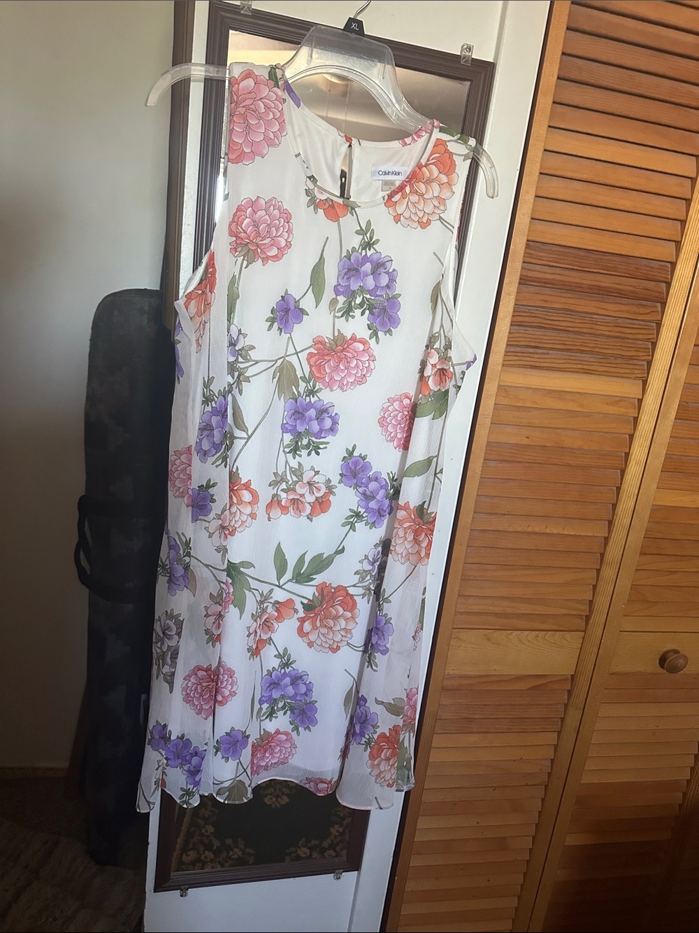 Calvin Klein Floral knee length Dress in White with Purple and Peach Blooms